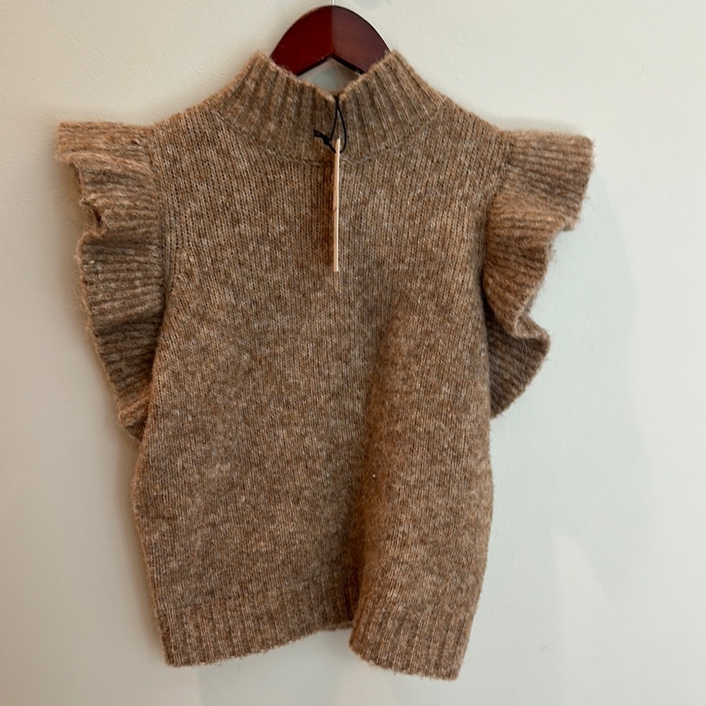 Zara Ruffle Mock Neck Sweater Vest in Taupe